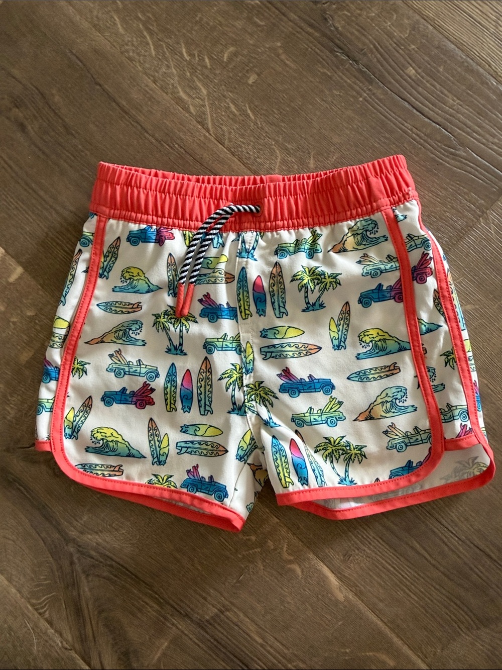 Andy & Evan Coral-Trim Surfboard Print Swim Trunks